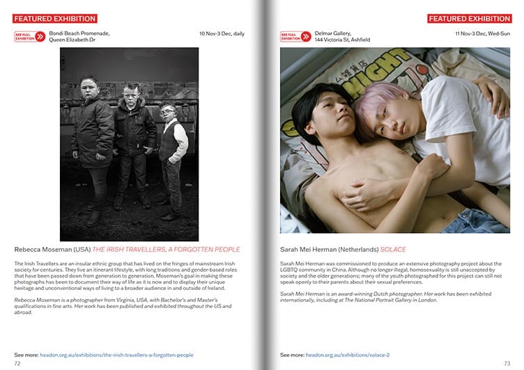 A photo spread with two people laying on top of each other was featured in the Head On Photo Festival 2023 Exhibition catalogue.