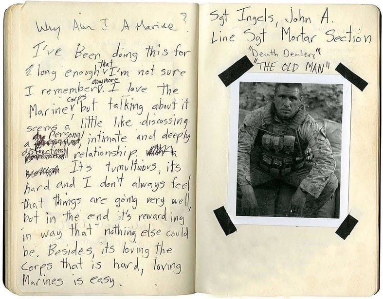 journal with writing and polaroid of a US marine