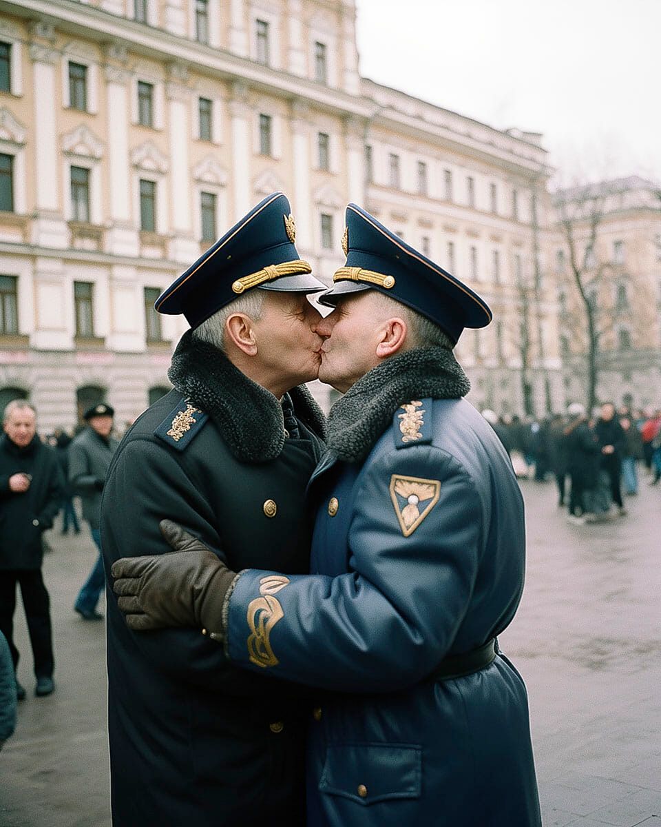 Two police officers kissing in front of a building.